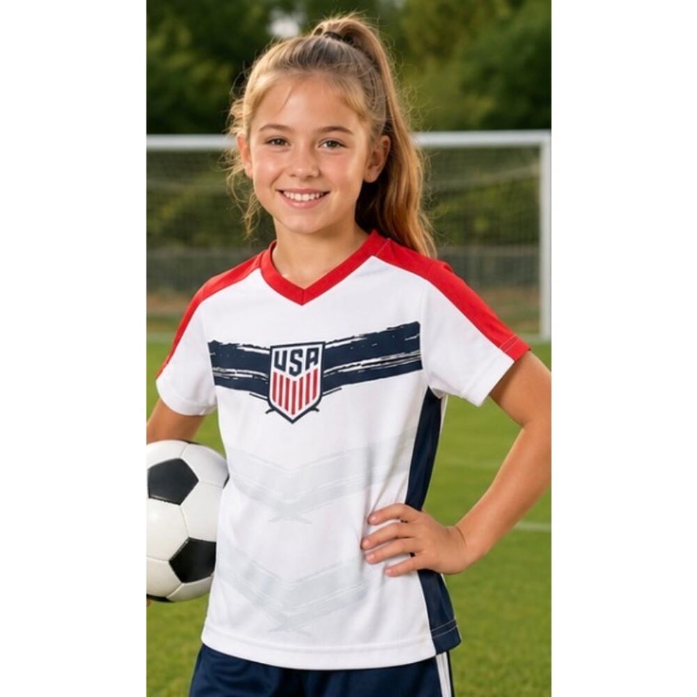USA Soccer Federation Youth Medium (10-12) Jersey White Red Blue Athletic Shirt